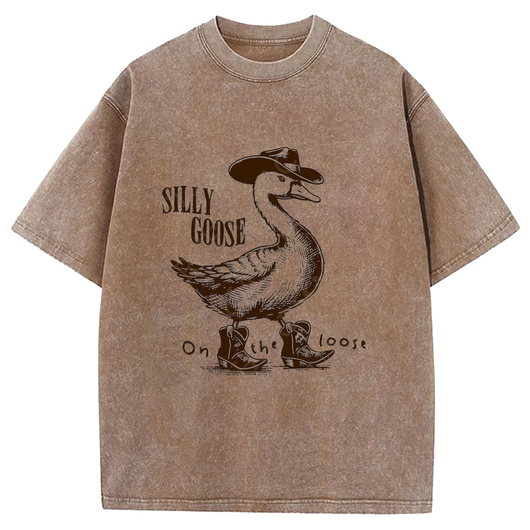 Silly Goose On The Loose Western Design Washed Crew Neck T-shirt
