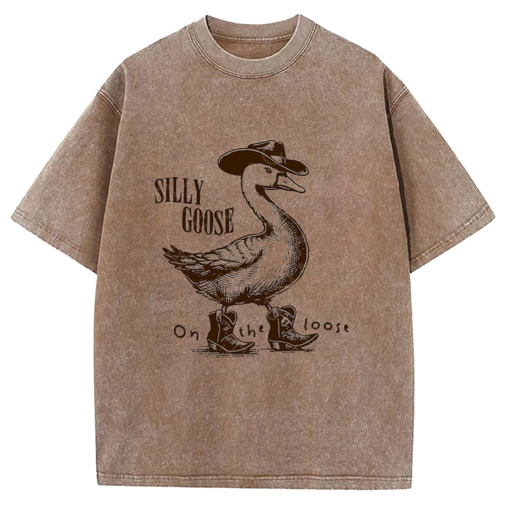 Silly Goose On The Loose Western Design Washed Crew Neck T-shirt