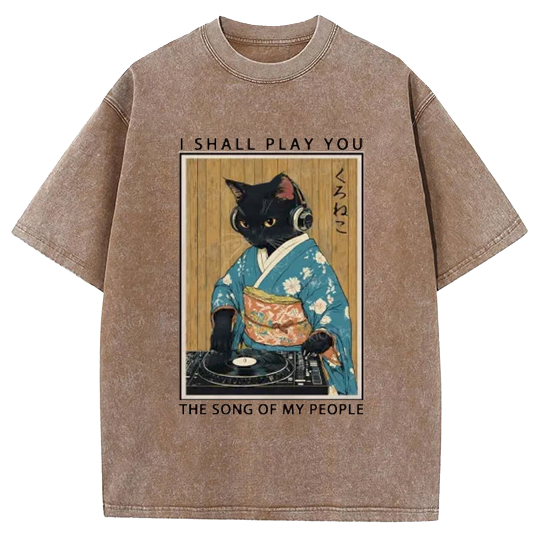 Funny Playing Music Black Cat  Washed Crew Neck T-Shirt