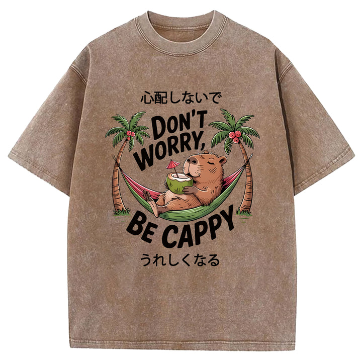 DON'T WORRY BE CAPPY Washed Crew Neck T-Shirt