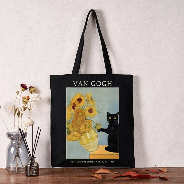 Black Cat With Sunflowers Tote Bag