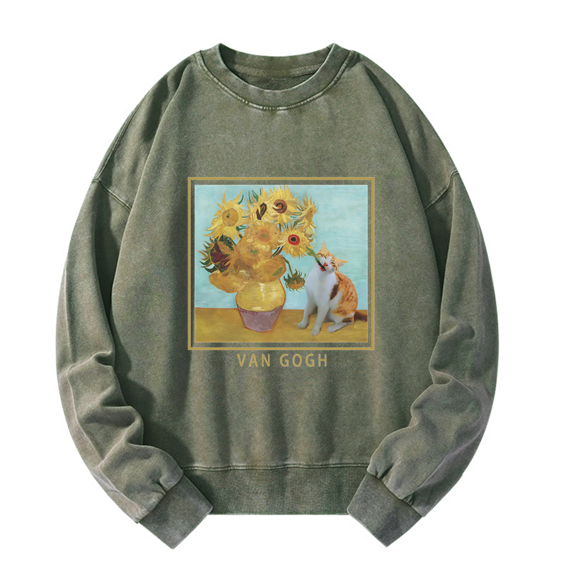 Naughty Cat Biting Sunflower Washed Sweatshirt