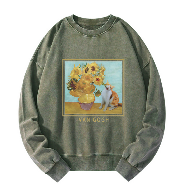 Naughty Cat Biting Sunflower Washed Sweatshirt