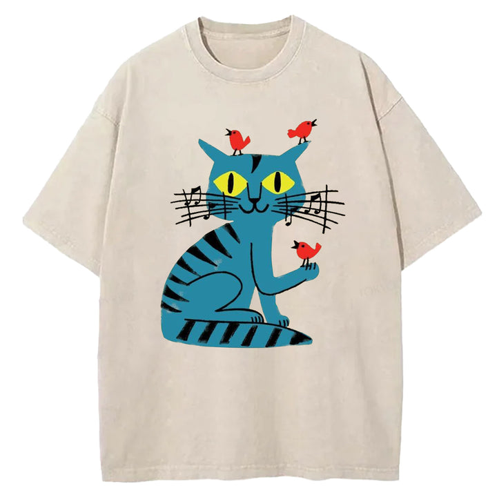 Funny Cat Design Washed Crew Neck T-Shirt