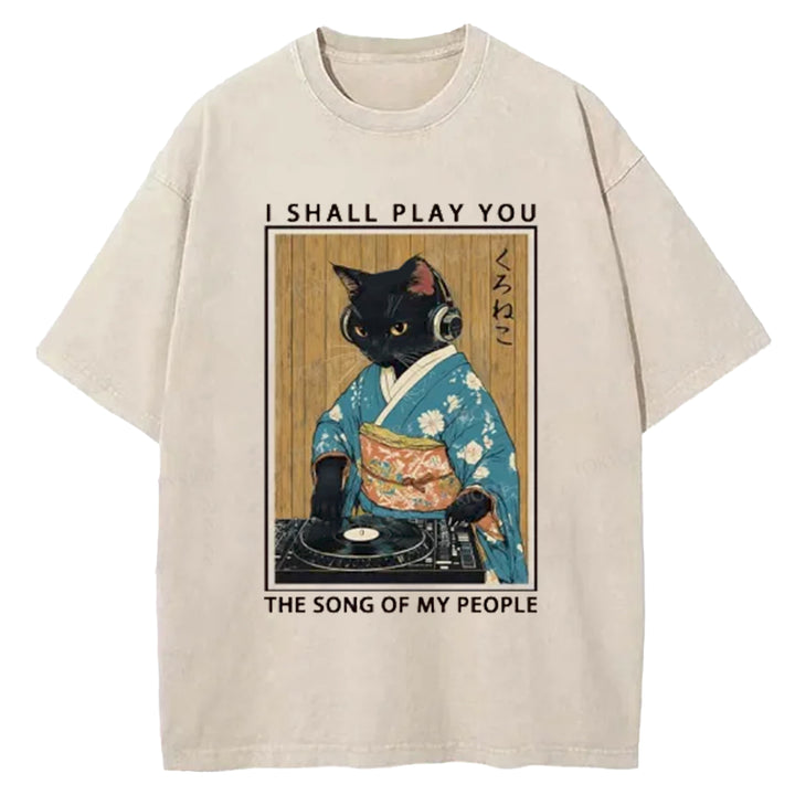 Funny Playing Music Black Cat  Washed Crew Neck T-Shirt