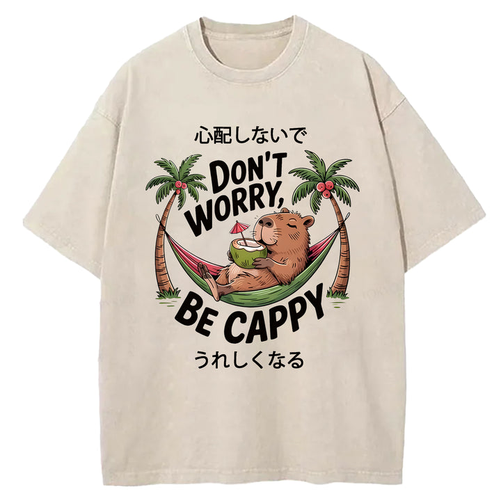 DON'T WORRY BE CAPPY Washed Crew Neck T-Shirt
