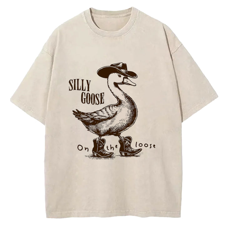 Silly Goose On The Loose Western Design Washed Crew Neck T-shirt
