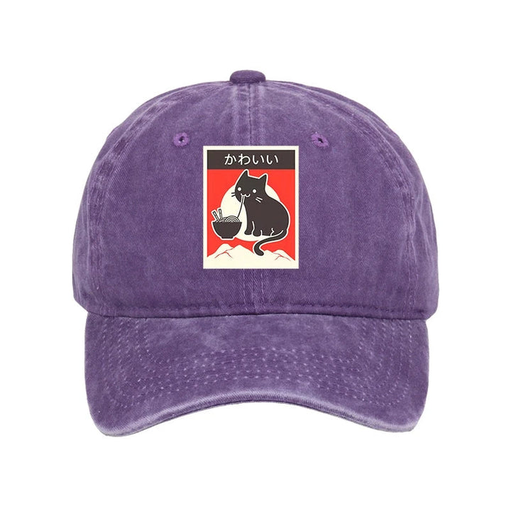 "Kawaii" Vintage Style Japenese Ramen Cat Washed Cap