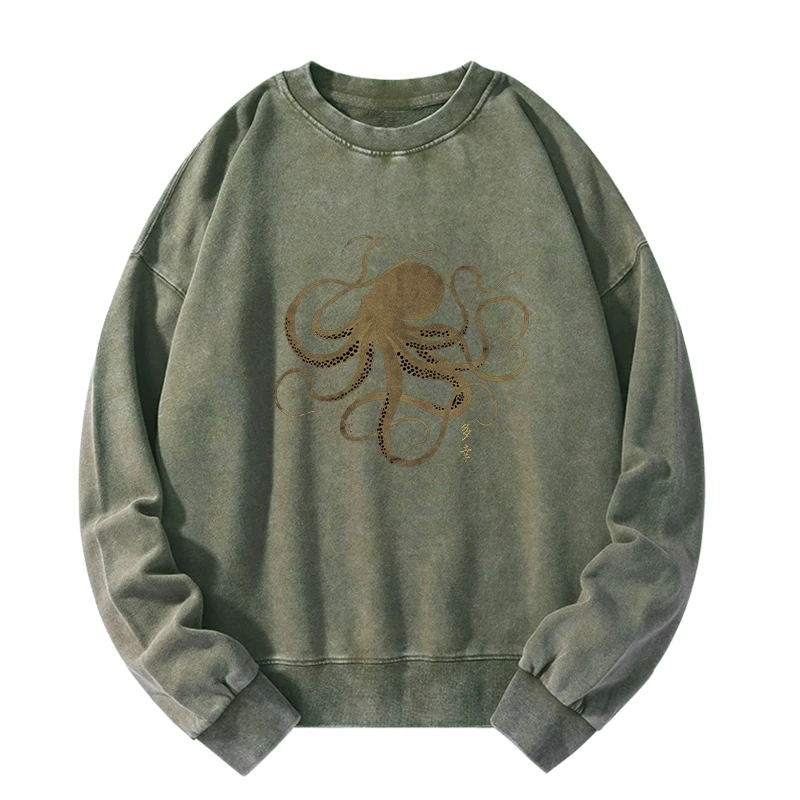 Octopus Japanese Gold Print Tattoo Washed Sweatshirt
