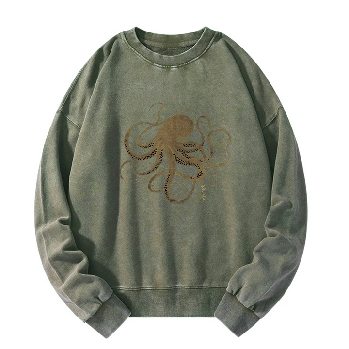 Octopus Japanese Gold Print Tattoo Washed Sweatshirt