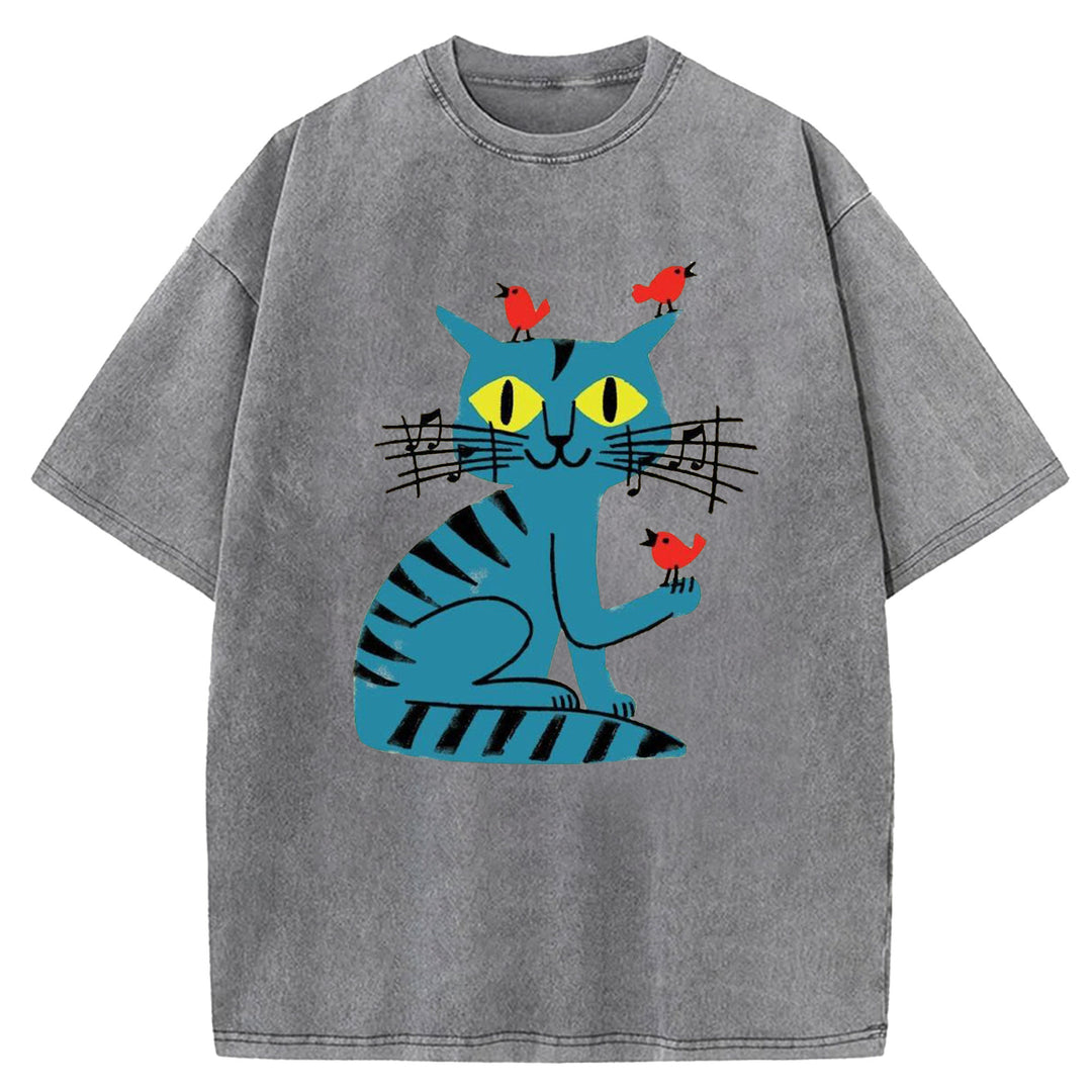 Funny Cat Design Washed Crew Neck T-Shirt