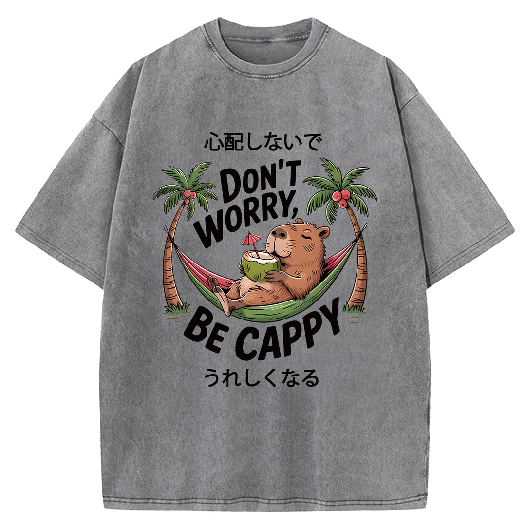 DON'T WORRY BE CAPPY Washed Crew Neck T-Shirt