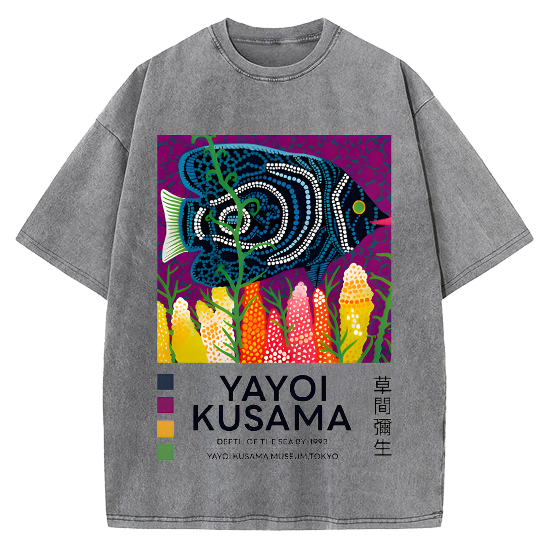 Yayoi Kusama Flower Vintage Japanese Design Washed Crew Neck T-Shirt