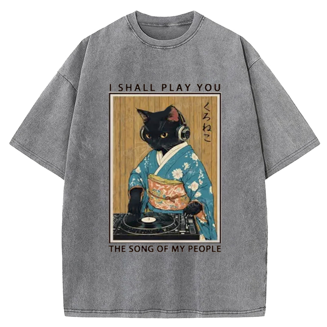 Funny Playing Music Black Cat  Washed Crew Neck T-Shirt
