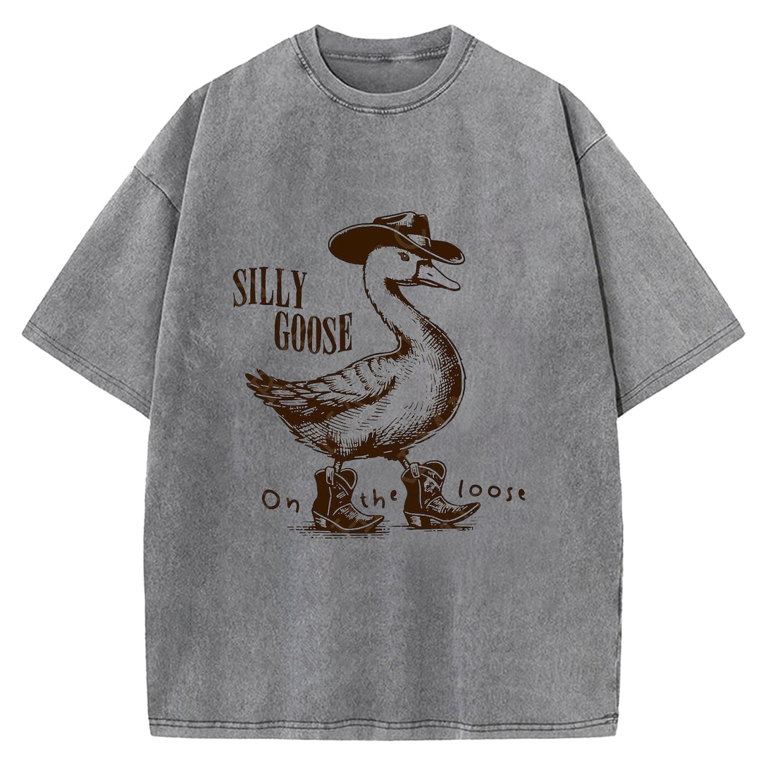 Silly Goose On The Loose Western Design Washed Crew Neck T-shirt