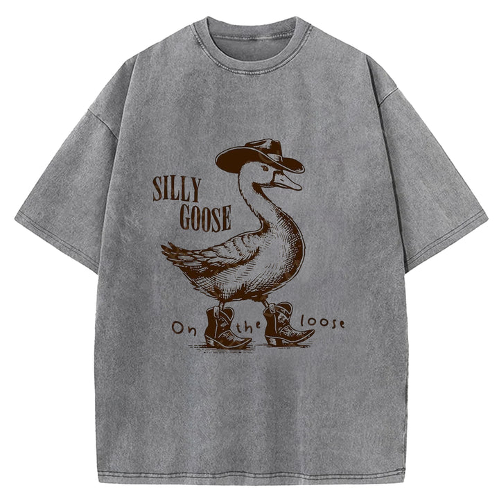 Silly Goose On The Loose Western Design Washed Crew Neck T-shirt