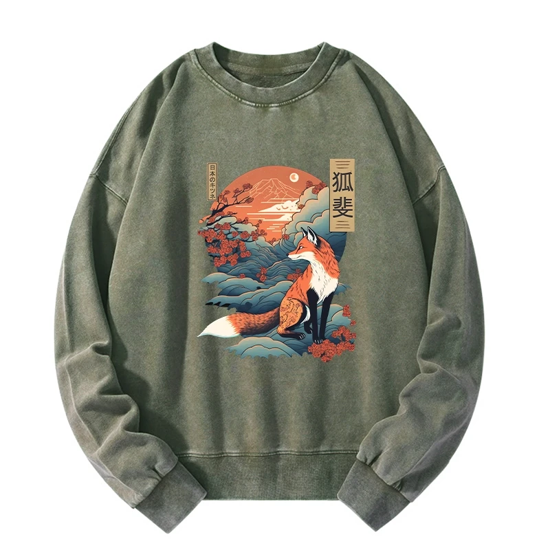 Japanese Kitsune Fox Sakura Washed Sweatshirt