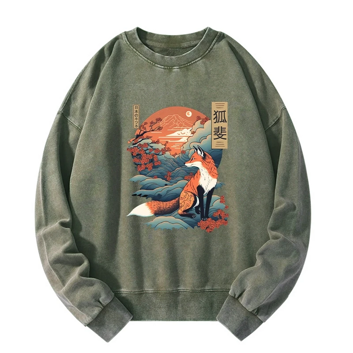 Japanese Kitsune Fox Sakura Washed Sweatshirt