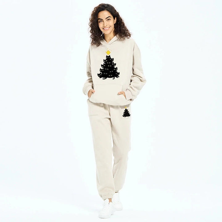 Black Cat Christmas Tree Fleece Lined Hoodie Set