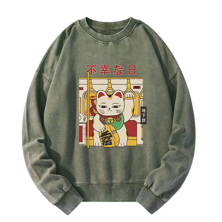 Lucky Cat Who Doesn't Want To Work Washed Sweatshirt
