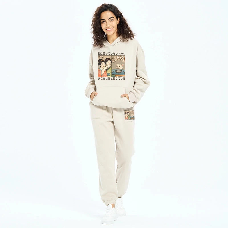 Japanese Woman Shouting at a Cat Fleece Lined Hoodie Set