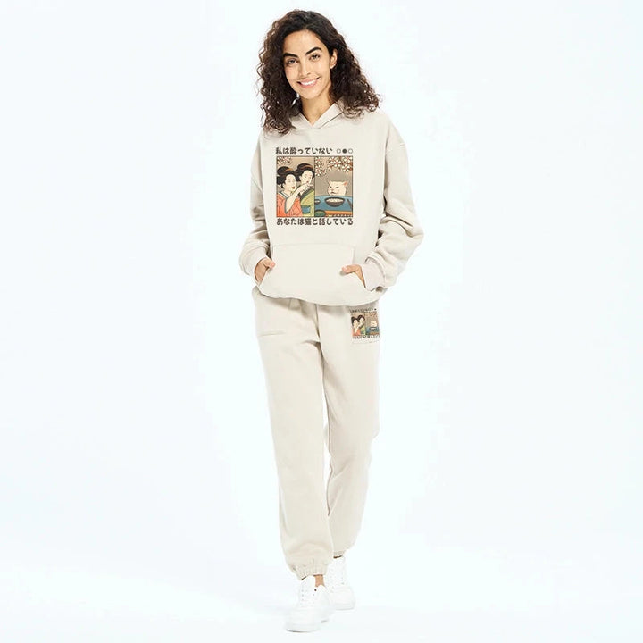 Japanese Woman Shouting at a Cat Fleece Lined Hoodie Set