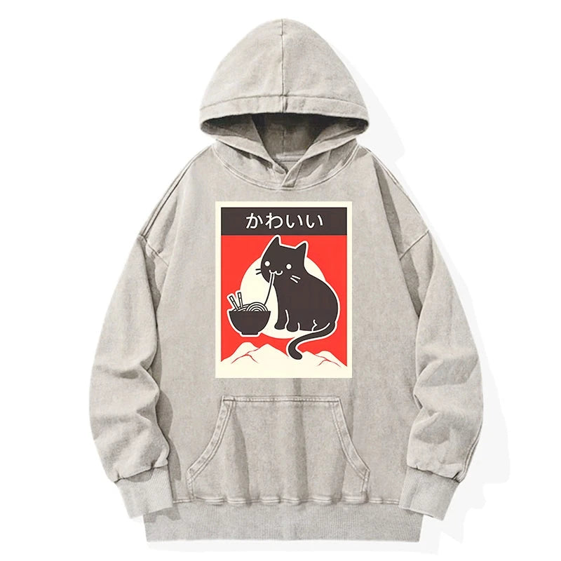 Kawaii Vintage Ramen Cat Washed Hoodie