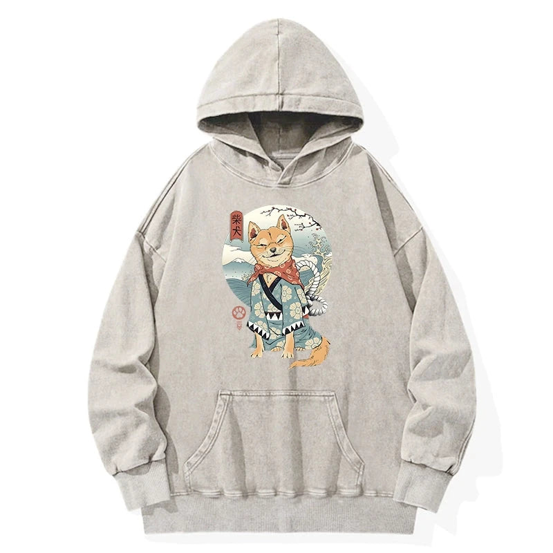 Samurai Shiba Dog Japanese Washed Hoodie