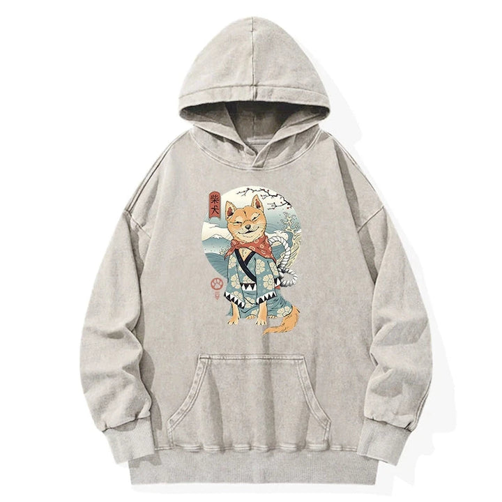 Samurai Shiba Dog Japanese Washed Hoodie