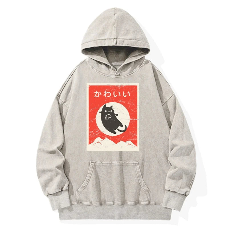 Cute Black Cat Japanese Washed Hoodie