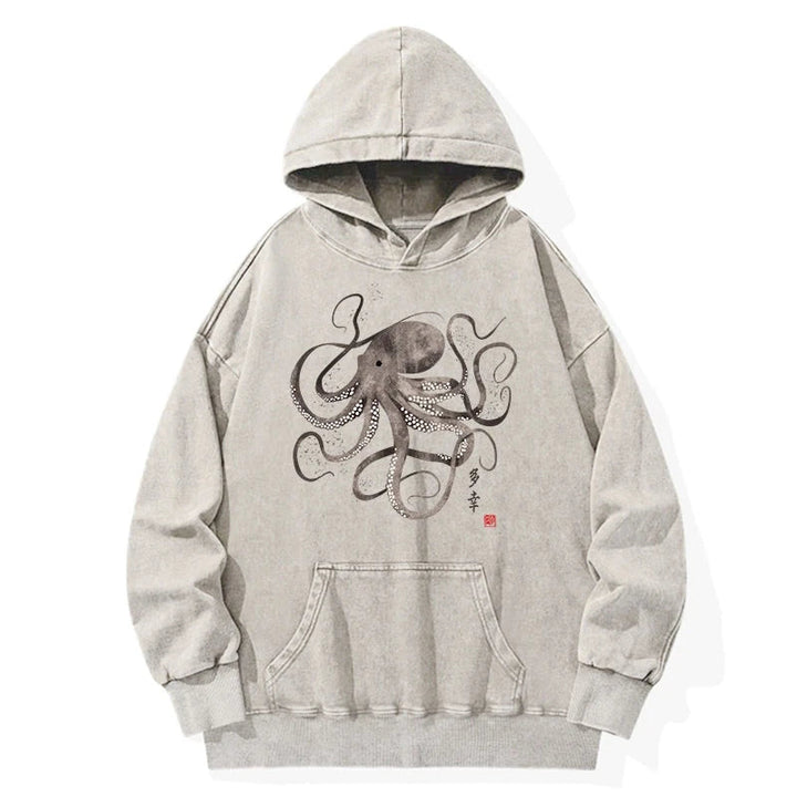Octopus Japanese Calligraphy Washed Hoodie