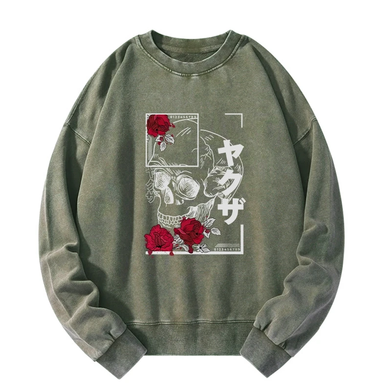 Skull Roses Japanese Aesthetic Washed Sweatshirt