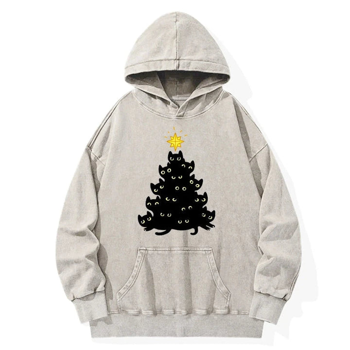 Black Cat Christmas Tree Washed Hoodie