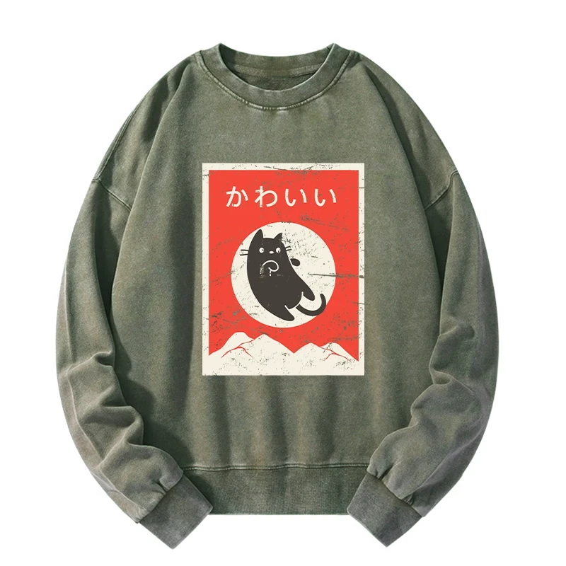 Cute Black Cat Japanese Washed Sweatshirt