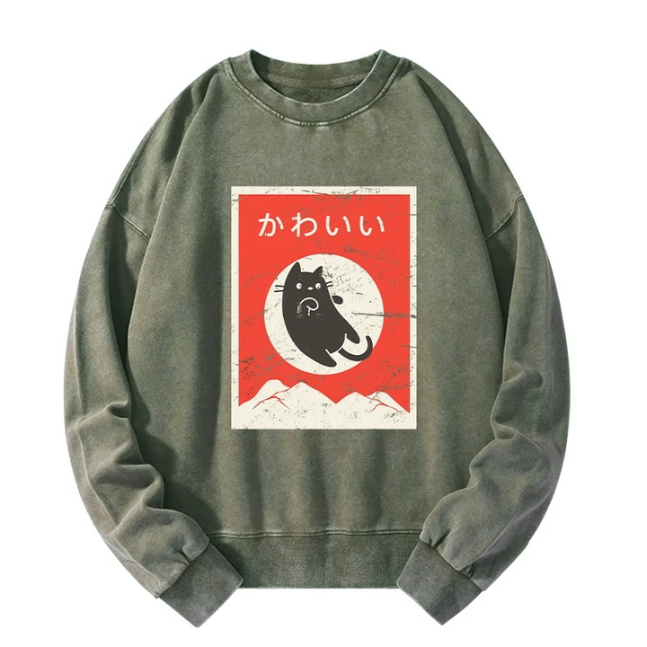 Cute Black Cat Japanese Washed Sweatshirt