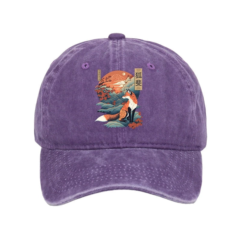 Japanese Kitsune Fox Sakura Washed Cap