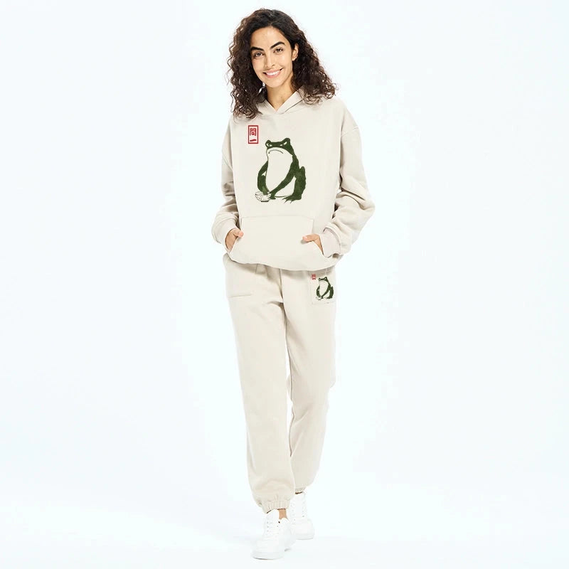 Woodblock Print Frog Fleece Lined Hoodie Set