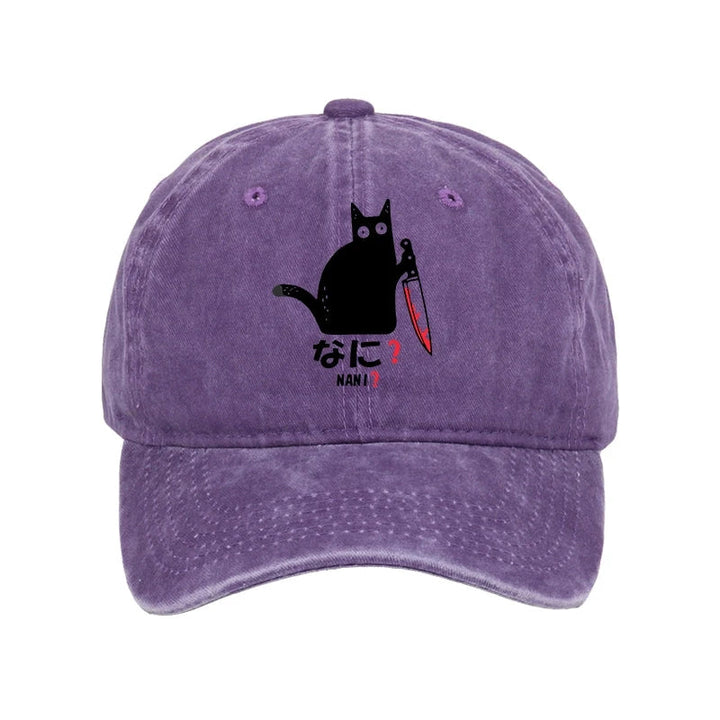 A Puzzled Cat Holding A Knife Washed Cap