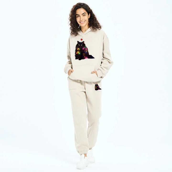 Christmas Lights Cat Fleece Lined Hoodie Set