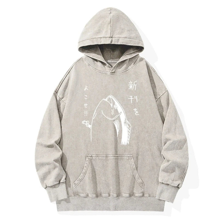 Japanese Fish Hold Up White Washed Hoodie