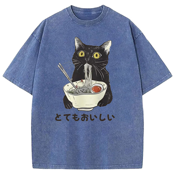 Black Cat Eating Ramen Washed Crew Neck T-shirt