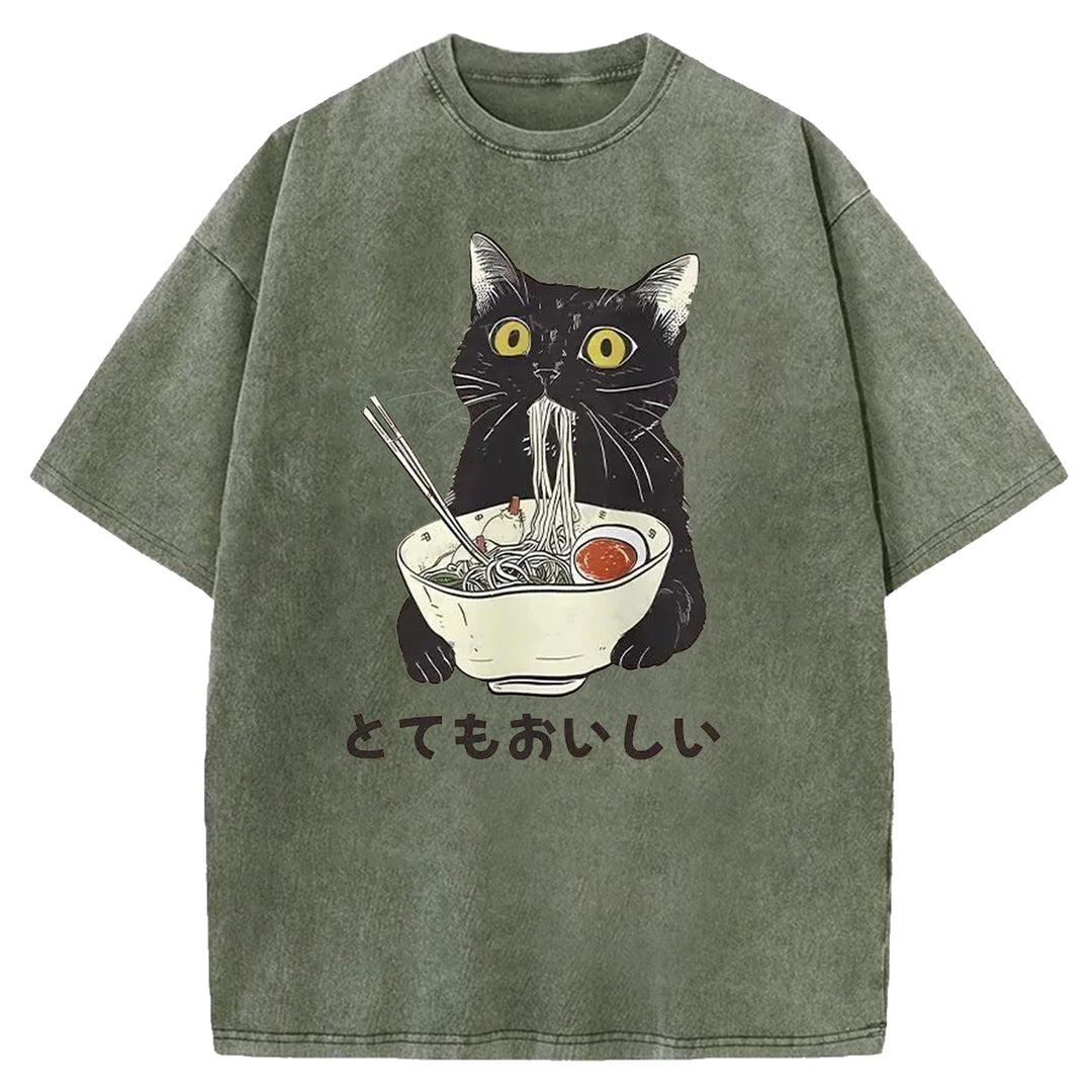 Black Cat Eating Ramen Washed Crew Neck T-shirt
