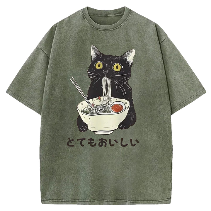 Black Cat Eating Ramen Washed Crew Neck T-shirt