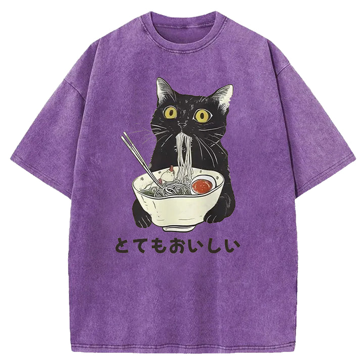 Black Cat Eating Ramen Washed Crew Neck T-shirt