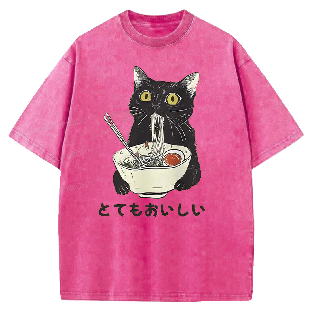 Black Cat Eating Ramen Washed Crew Neck T-shirt