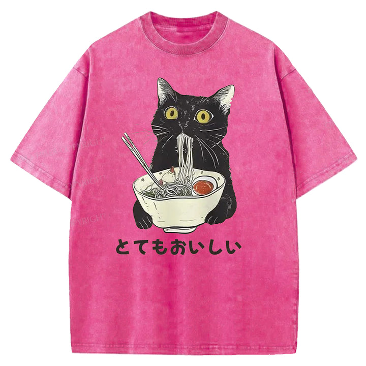 Black Cat Eating Ramen Washed Crew Neck T-shirt