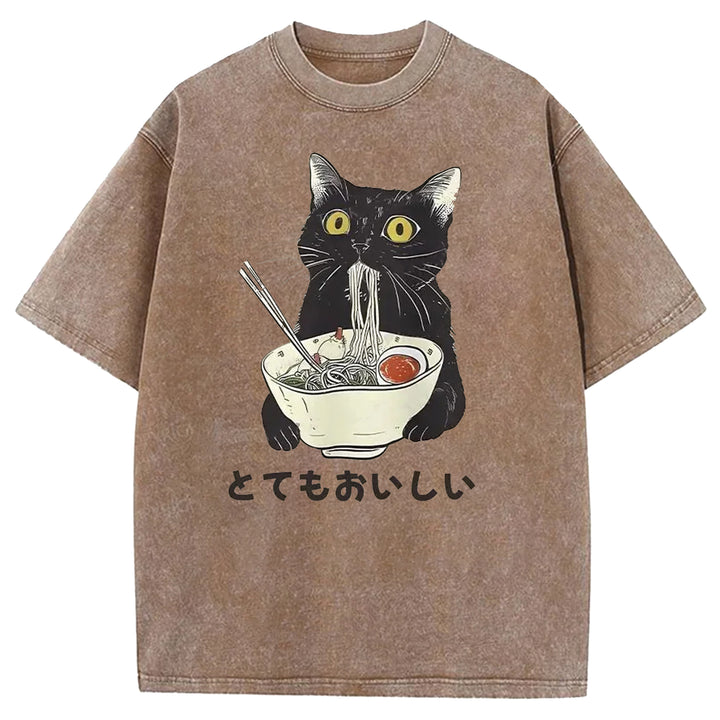 Black Cat Eating Ramen Washed Crew Neck T-shirt