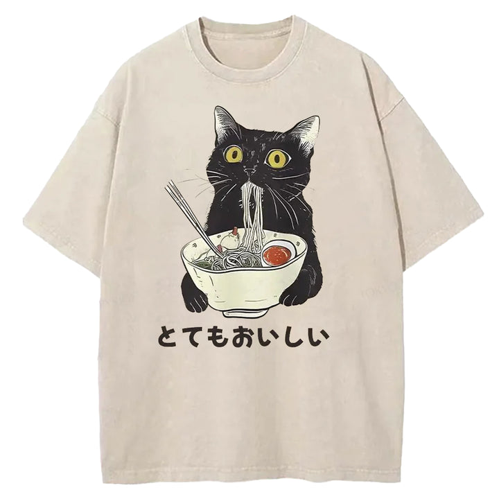 Black Cat Eating Ramen Washed Crew Neck T-shirt