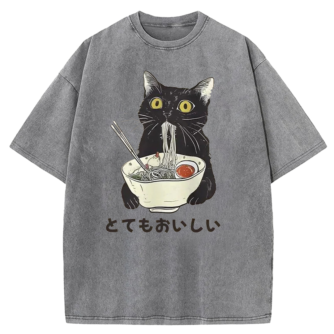Black Cat Eating Ramen Washed Crew Neck T-shirt
