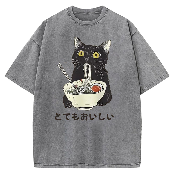 Black Cat Eating Ramen Washed Crew Neck T-shirt